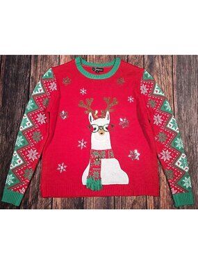 Ugly Christmas Llama Reindeer Sweater Red Sparkle Sequin 33 Degrees Men's Large